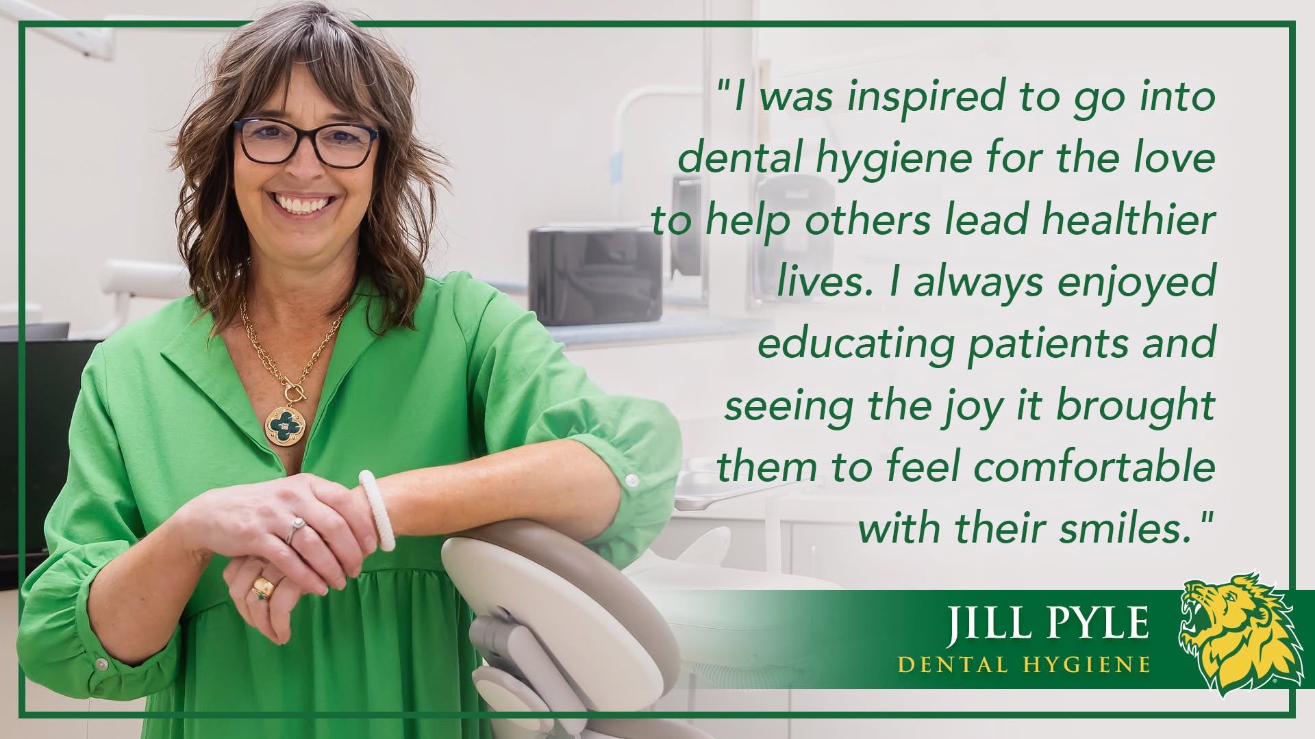 woman smiling and standing confidently next to dental hygiene chair 